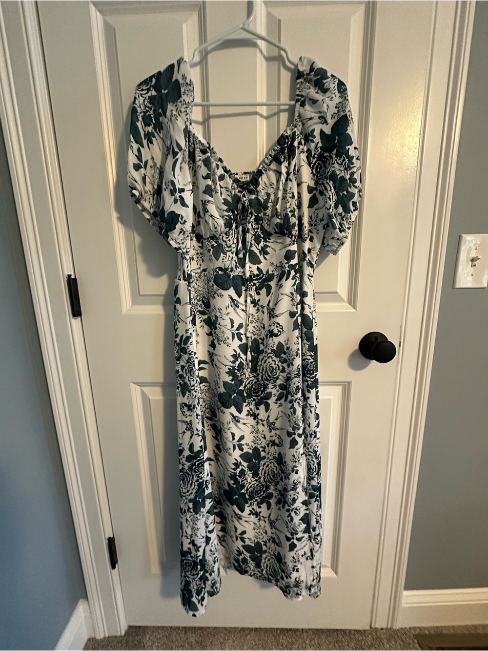 Baltic Born White Midi Dress with Dark Green Floral Print